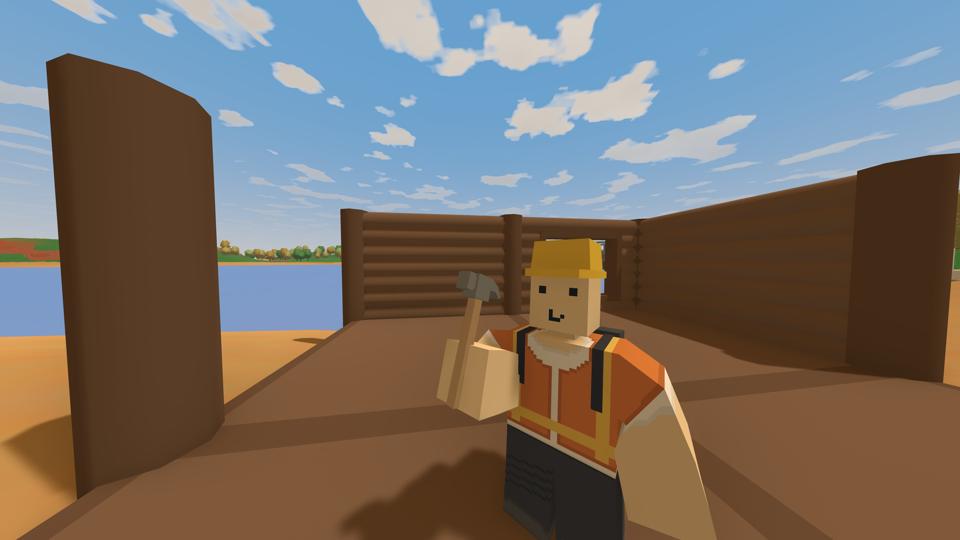 A player wearing construction gear holds a hammer, partway through building their house.
