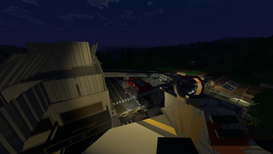 A player surveys their domain, a city they've powered with generators and fortified with barricades.