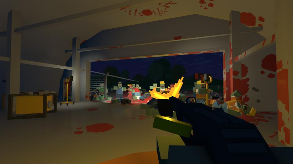 First-person view firing a machine gun into a horde of zombies attacking the player.