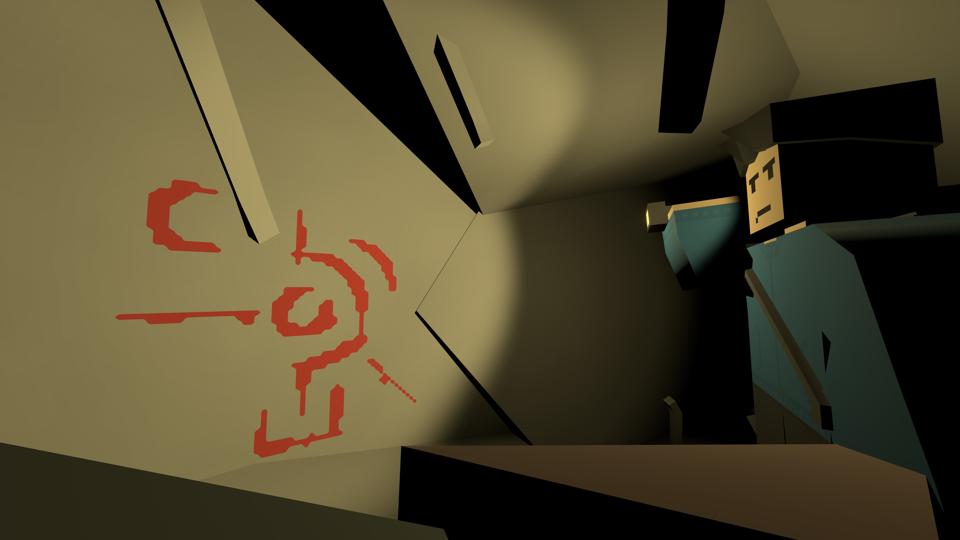 A player in a dark cave shines their flashlight on a symbol written in blood.